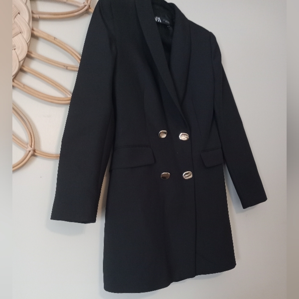 ZARA DOUBLE BREASTED LONG BLAC BLAZER DRESS BLACK SIZE S 8285/642 - Picture 6 of 10